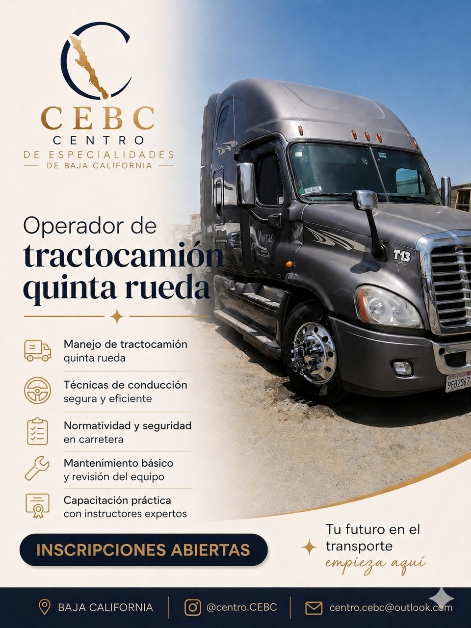 Flyer del curso Operador de Tractocamión Quinta Rueda - CEBC